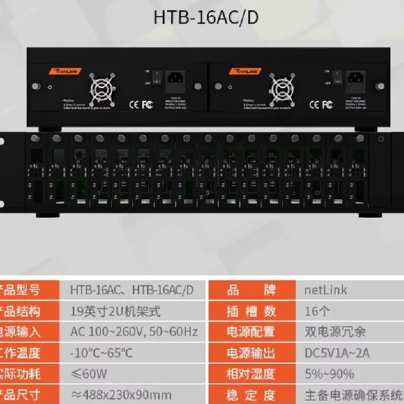 HTB-16AC/D 19英寸2U双电源冗余电信级16槽光纤收发器插片式机框